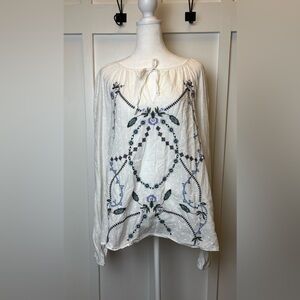 Lucky Brand Womens Size XL Embroidered White Long Sleeve Top Floral Needlework